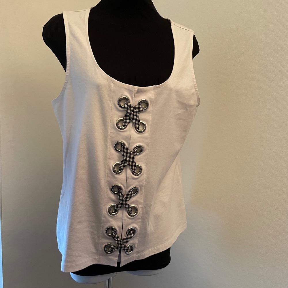 INC International Concepts White Grommet Gingham Tie Tank Top Womens Medium